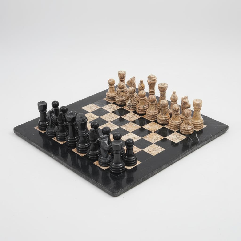 15 Inch Black and Fossil Coral Marble Chess Set Add on  None