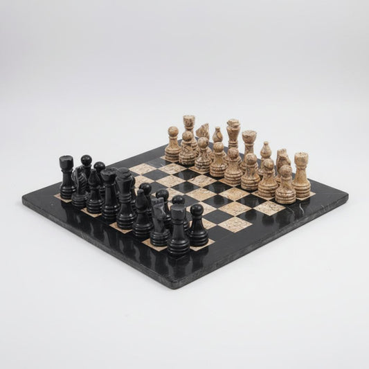 15 Inch Black and Fossil Coral Marble Chess Set Add on  None